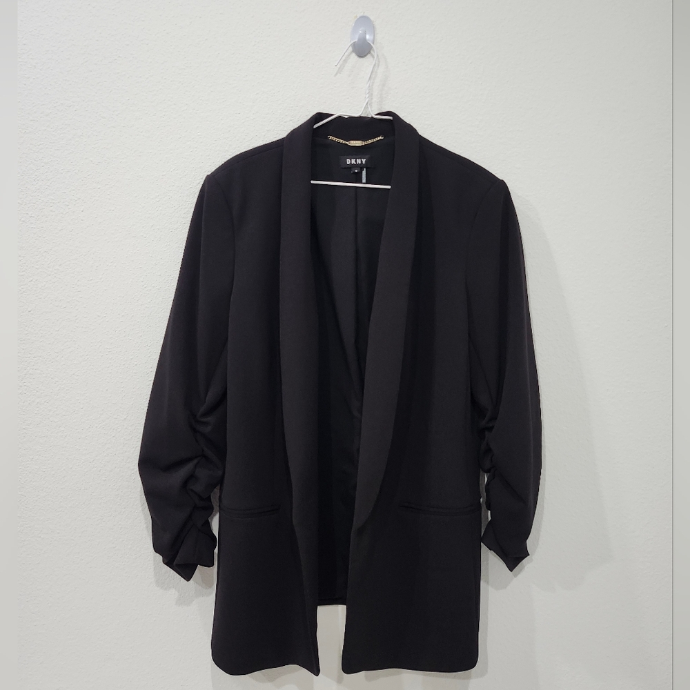 DKNY Women’s Ruched Sleeves Padded Shoulder Black Open Front Blazer Size 14